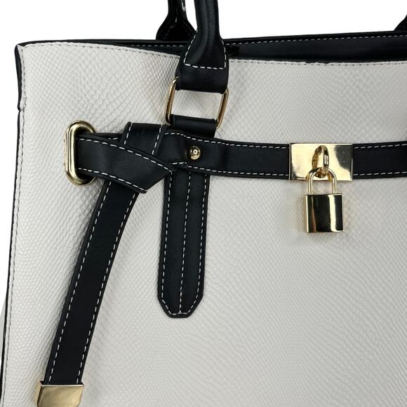 Adrienne Vittadini Madison Avenue Collection Satchel Lock White Black - Picture 4 of 16